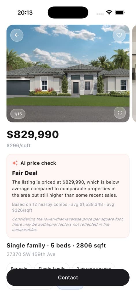Miami Keys listing with price check showing Fair Deal versus nearby comps